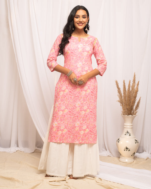 Peach Cotton Floral Printed Round Neck Kurti