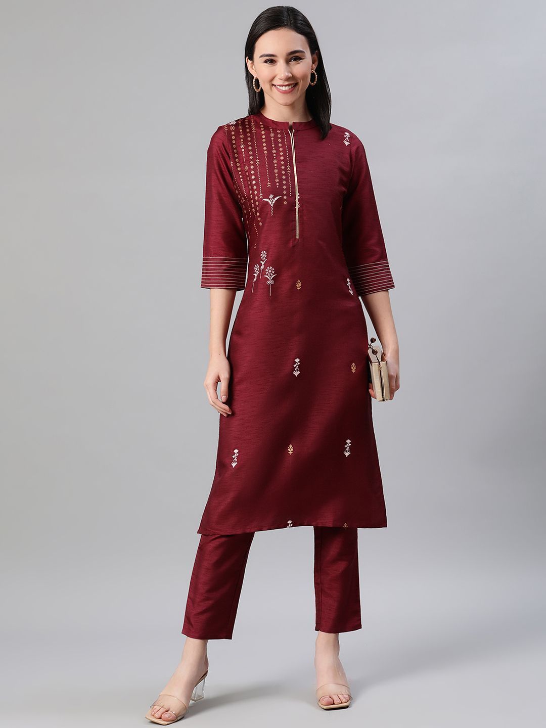 Women's Maroon Silk Foil Print Straight Kurta And Pant Set by Ziyaa (2pc Set)