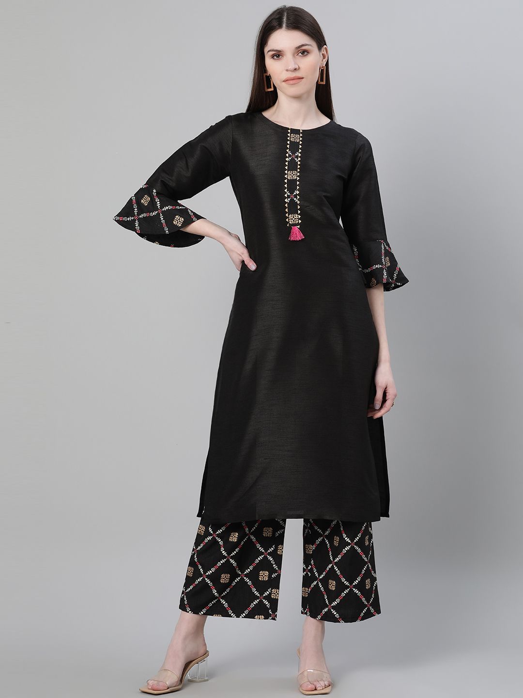 Women's Black Color Dyed Print Straight Kurta And Palazzo Set - Ziyaa