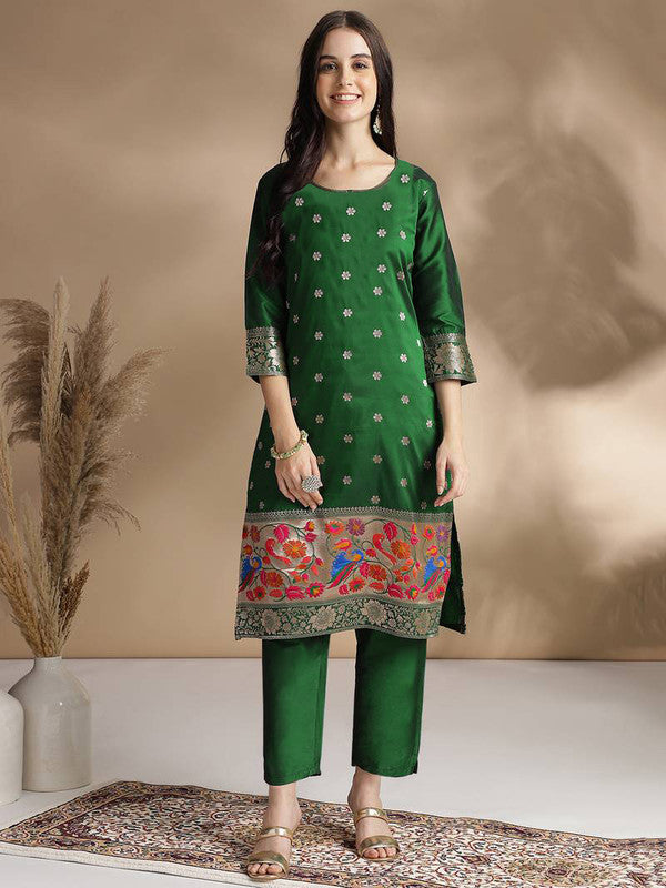 Women's Green Jacquard Woven Design Kurta Pant Set - Malishka Export