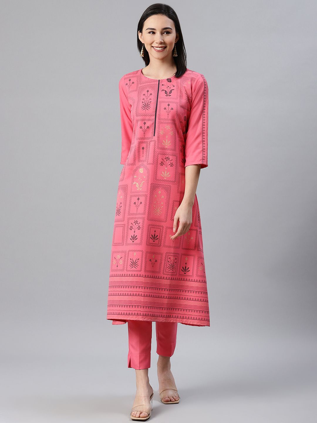 Women's Coral Color Foil Print Flared Kurta And Pant Set - Ziyaa