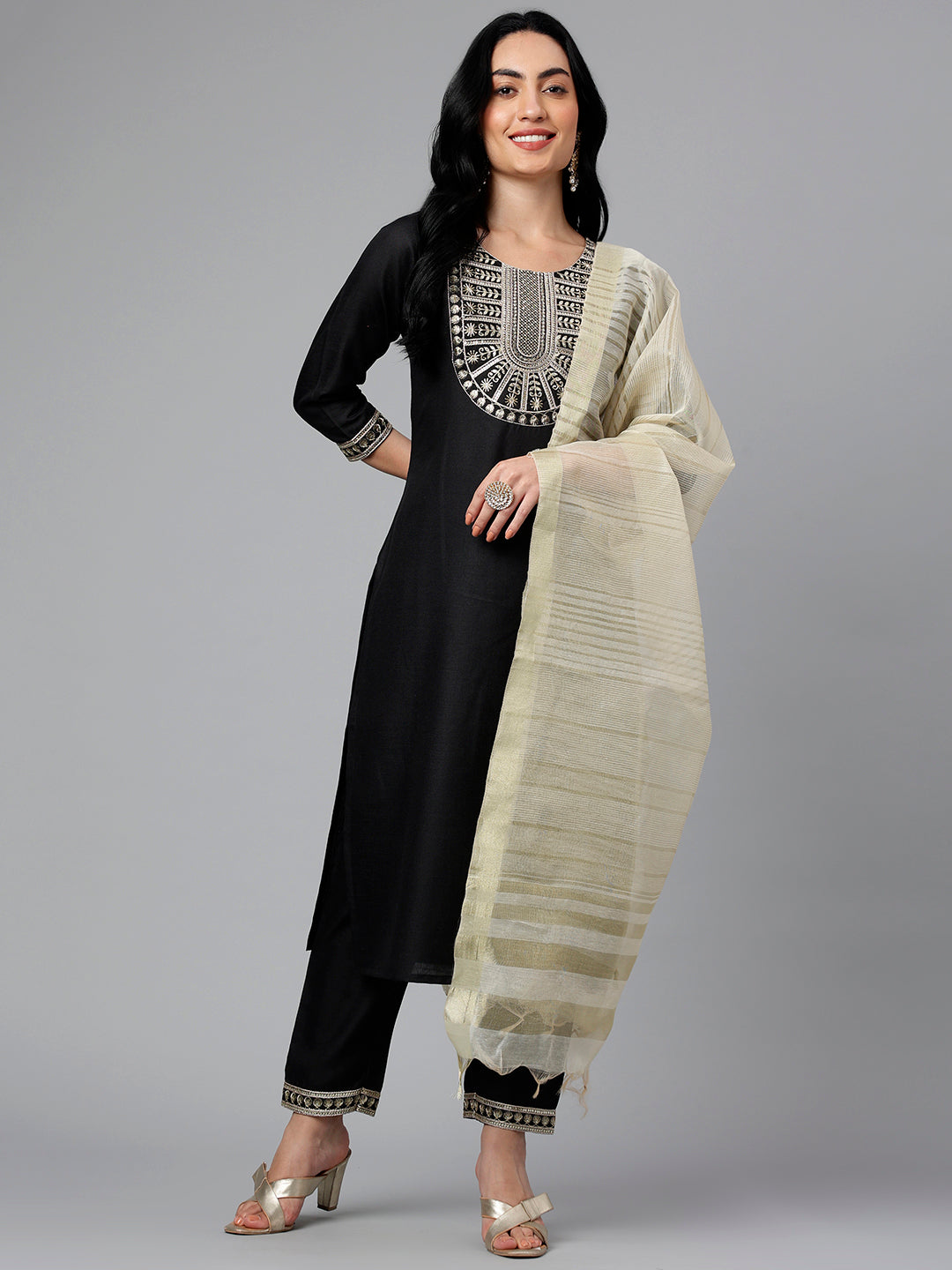 Women's Black Viscose Blend Embroidery Kurta, Pant And Dupatta Set - Alvami