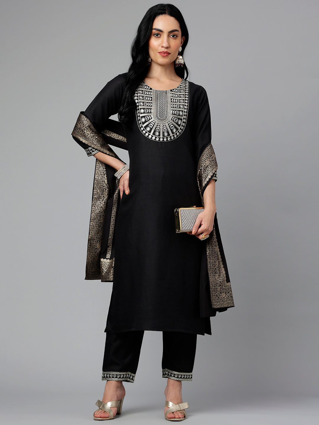 Women's Black Viscose Blend Embroidery Kurta, Pant And Dupatta Set - Alvami