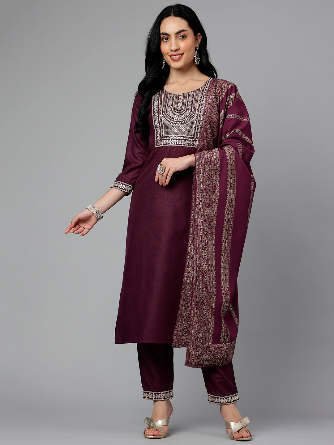 Women's Purple Viscose Blend Embroidery Kurta, Pant And Dupatta Set - Alvami