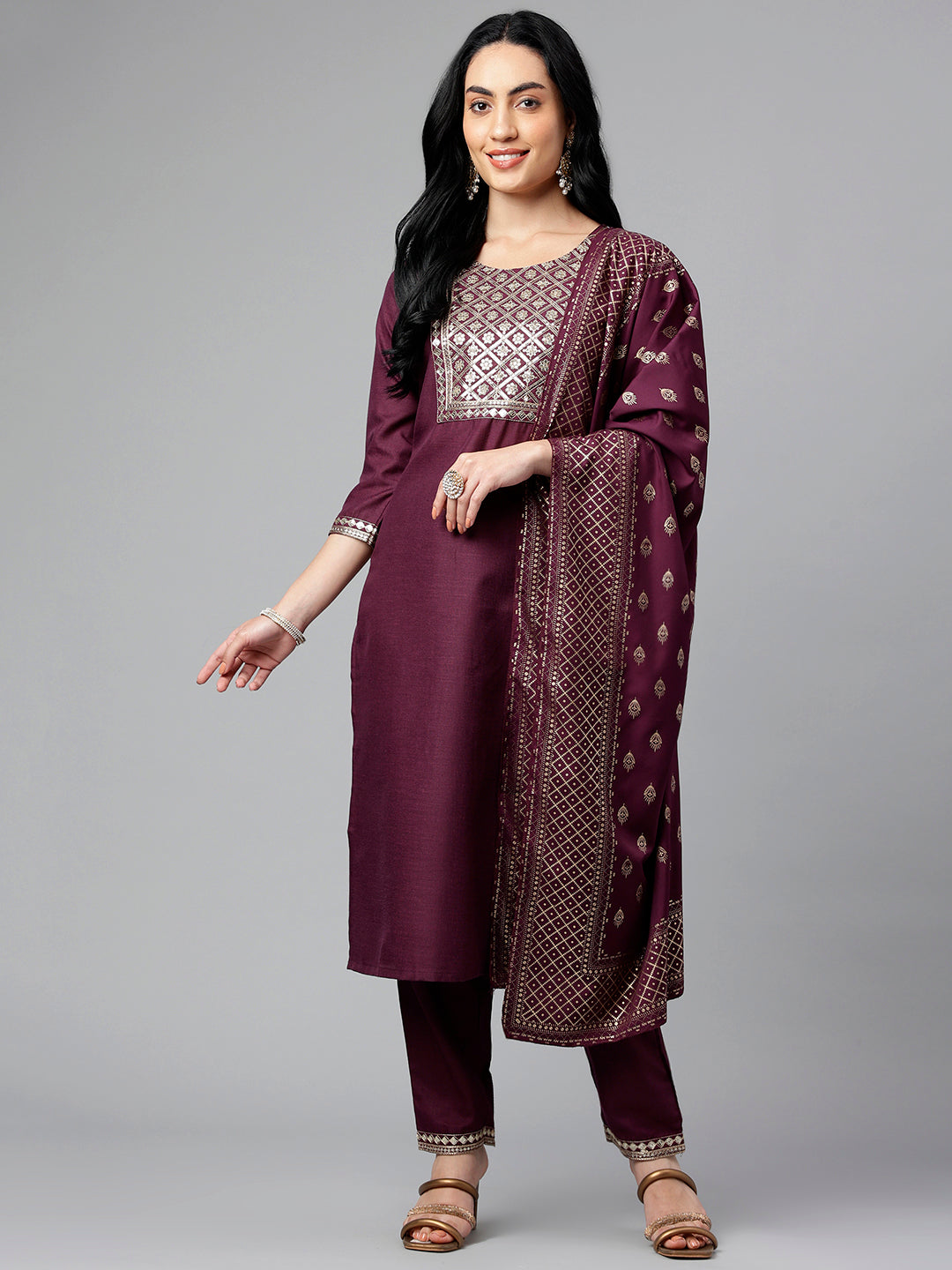 Women's Purple Viscose Blend Embroidery Kurta, Pant And Dupatta Set - Alvami