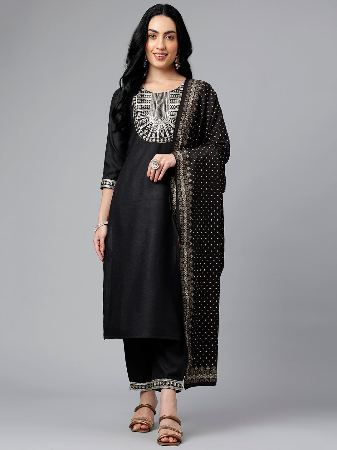 Women's Black Viscose Blend Embroidery Kurta, Pant And Dupatta Set - Alvami