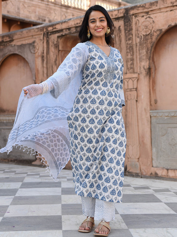 Women's White Printed Viscose Rayon Kurta And Palazzo Set - Alvami