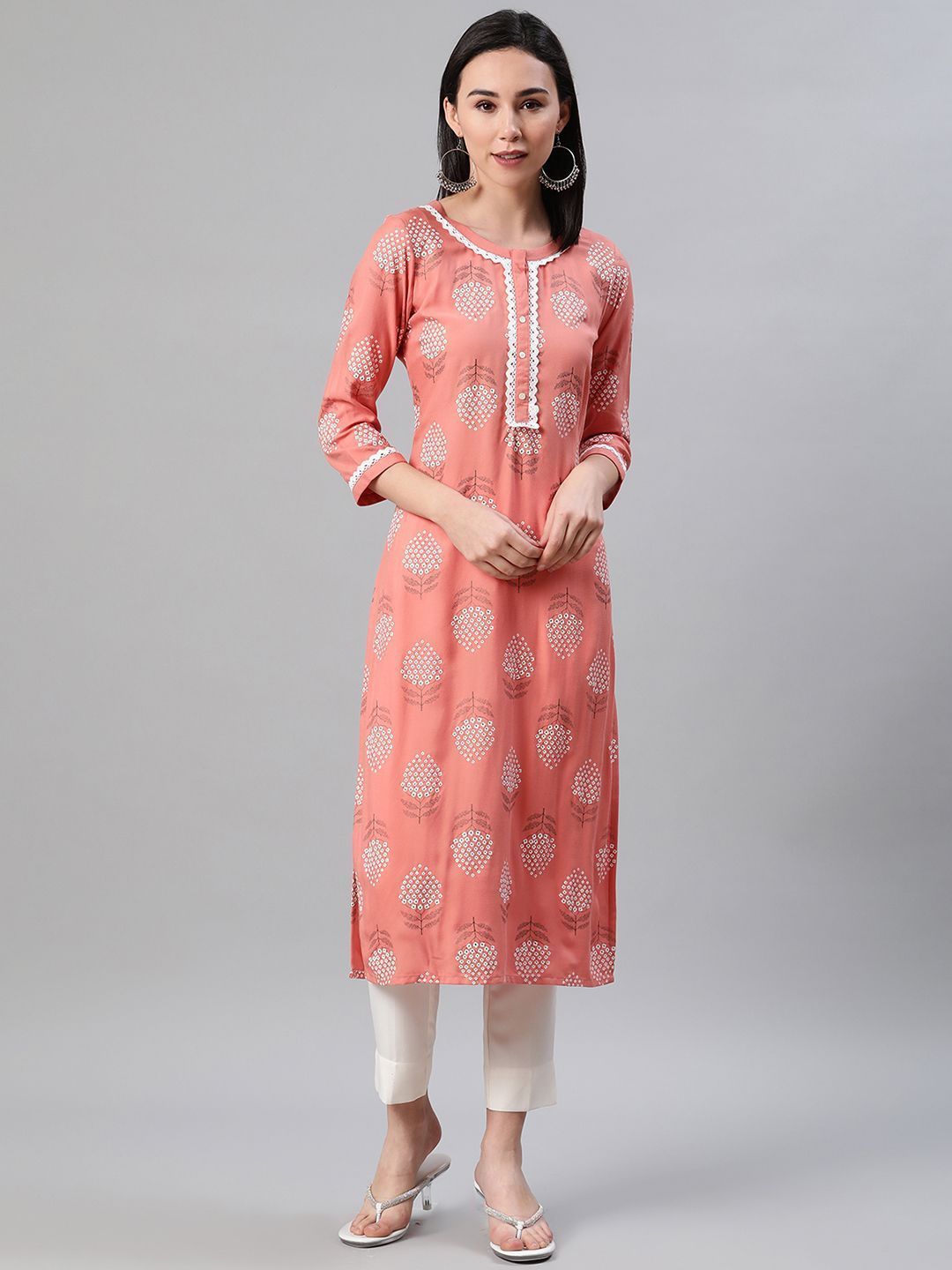 Women's Peach Color Khari Print Straight Kurta And Pant Set - Ziyaa