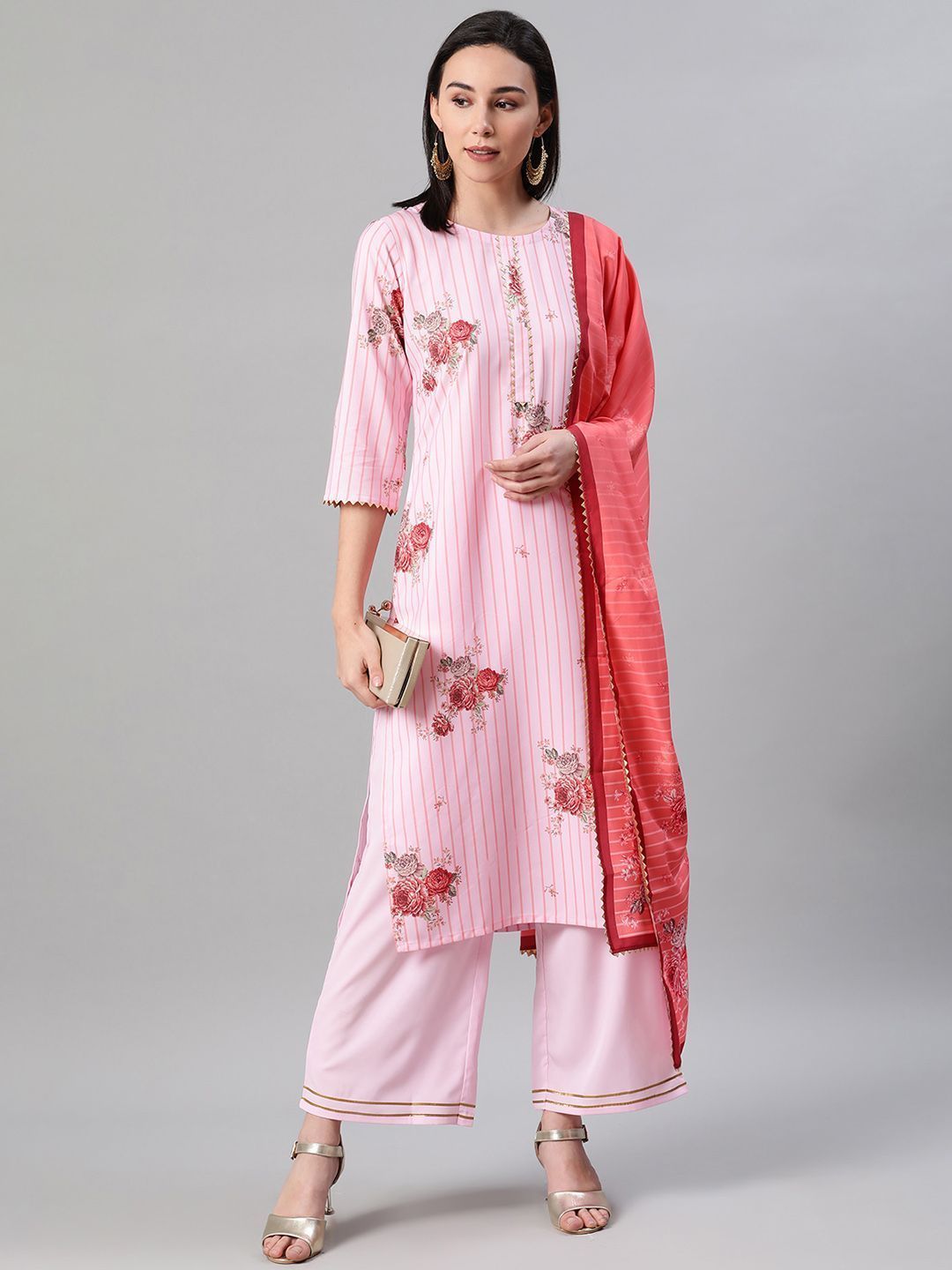 Women's Pink Color Screen Print Straight Kurta,Palazzo And Dupatta Set - Ziyaa