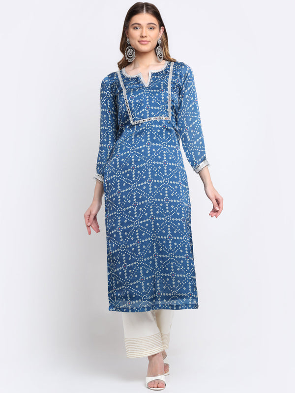 Women's Traditional Blue Bandhani Mirror Straight Kurti With Straight Palazzo - Anokherang