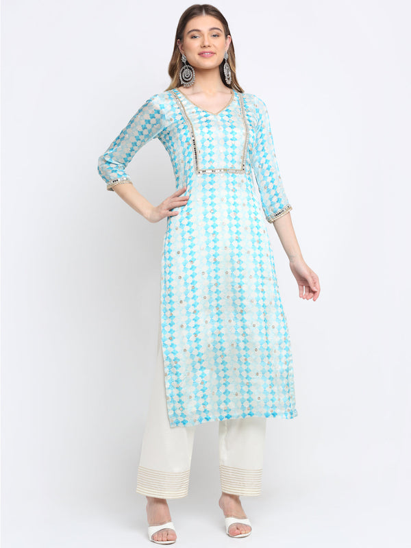 Women's Summer Sky Tie Dye Mirror Straight Kurti With Palazzo And Dupatta - Anokherang