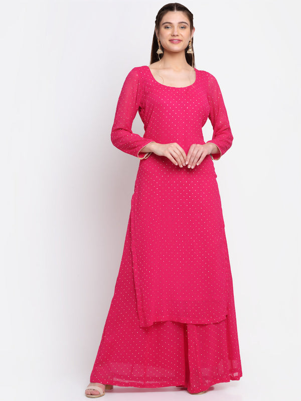 Women's Sparkling Pink Hues Georgette Foil Straight Kurti With Palazzo - Anokherang