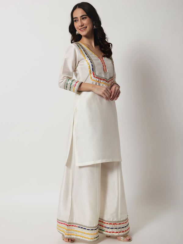 Women's Charming Ivory Short Kurti With Kalidaar Palazzo - Anokherang