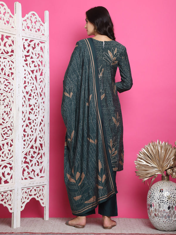 Women's Green Muslin Floral Print With Jari & Crystal Work Kurta With Trouser & Dupatta - Jyoti Fashion