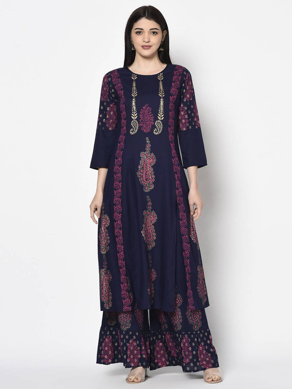 Women's Navy Blue Rayon Block print A-line flared long kurta Palazzo set with two front slits- Aniyah