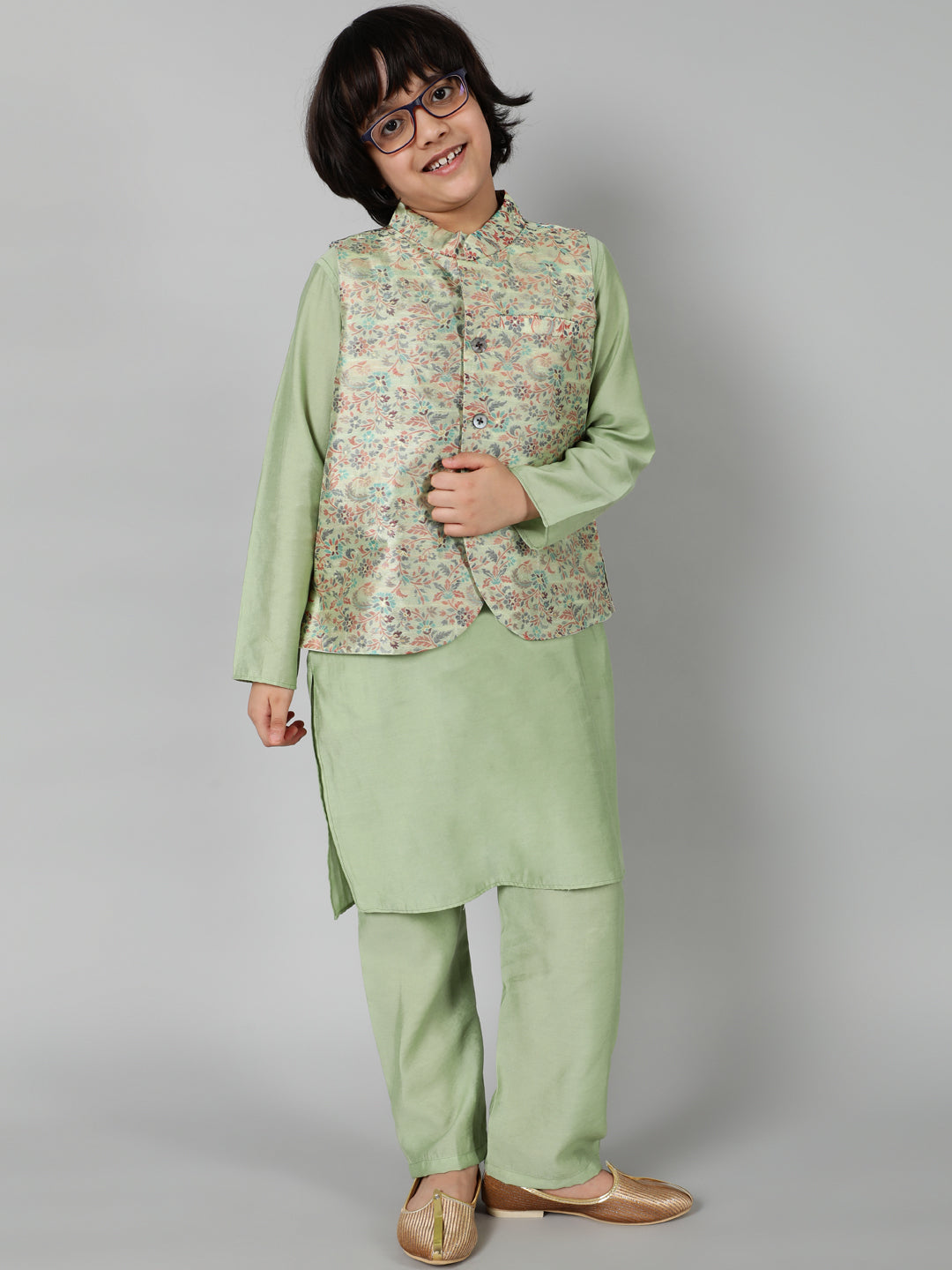 Silk Woven Design Straight Kurta Pyjama Set for Boys with Nehru Jacket - AKS Boys