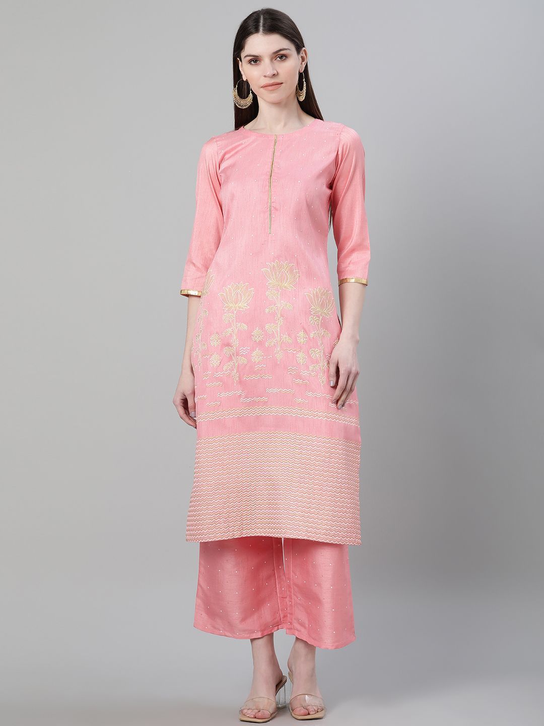 Women's Pink Color Foil Print Straight Kurta And Palazzo Set - Ziyaa