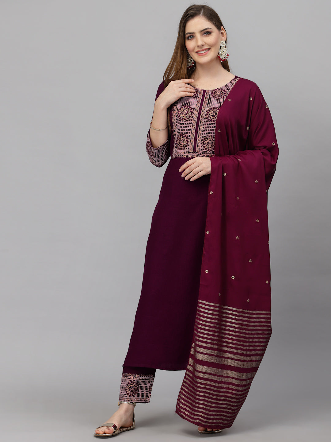 Women's Purple Printed Cotton Blend Kurta And Pant Set - Alvami