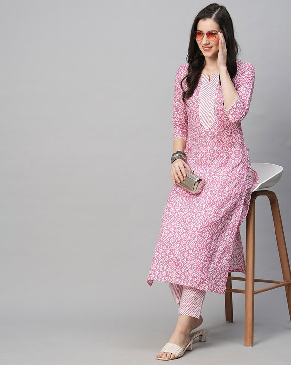 Printed Pink Cotton Blend Kurta Pant Set