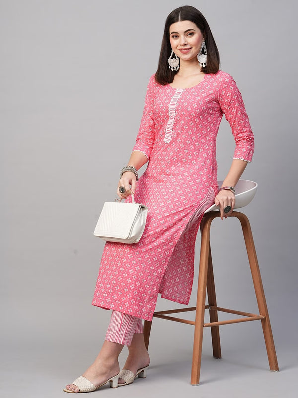 Printed Pink Cotton Blend Kurta Pant Set