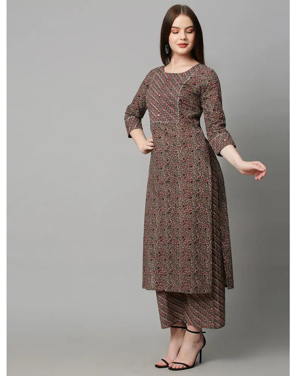 Printed Brown Cotton Blend Kurta Pant Set