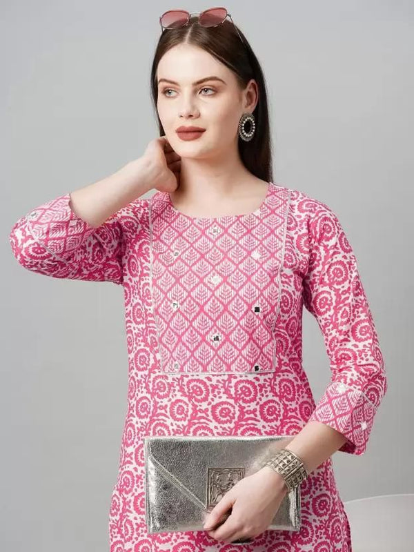 Printed Pink Cotton Blend Kurta Pant Set