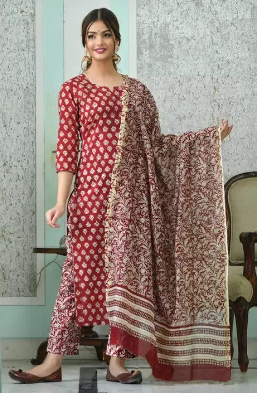 Women's Maroon Cotton Blend Printed Kurta Set With Dupatta - Malishka Export