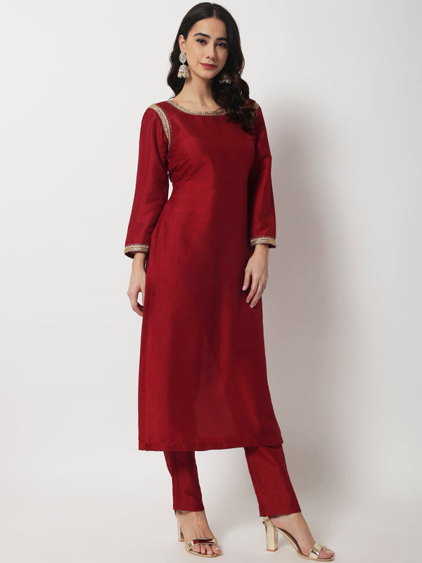 Women's Maroon Grace Straight Kurti With Straight Pants - Anokherang