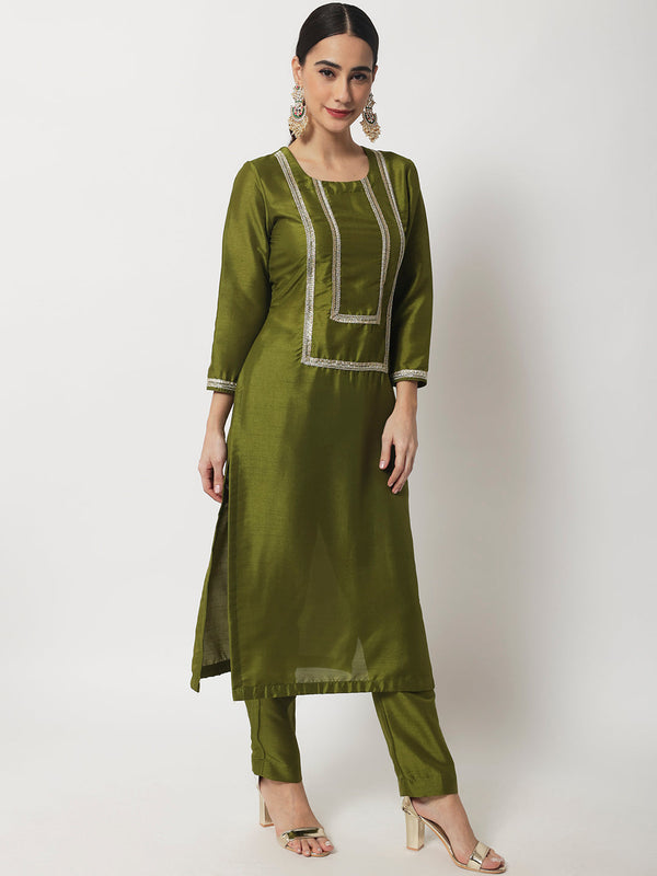 Women's Moss Green Straight Kurti With Straight Pants - Anokherang