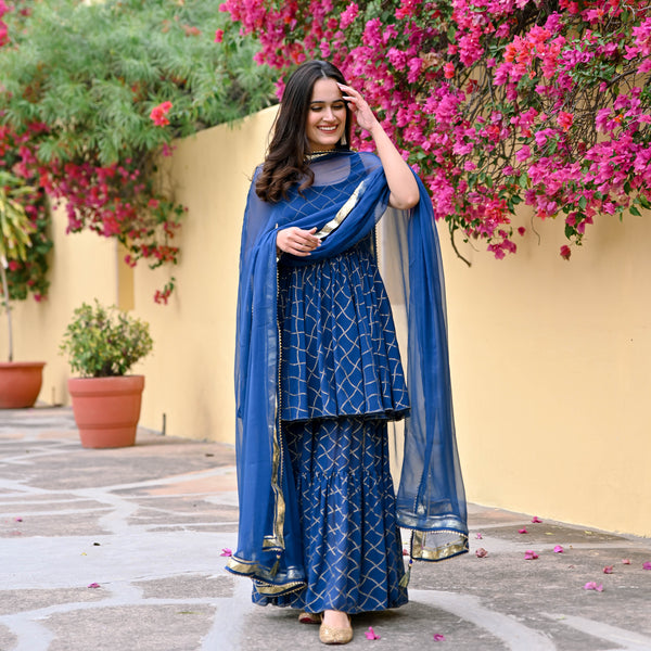 Rama Cotton Printed Kurta and Sharara Set With Dupatta