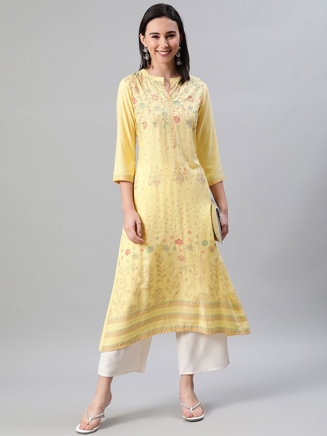 Women's Yellow Color Foil Print Flared Kurta And Palazzo Set - Ziyaa