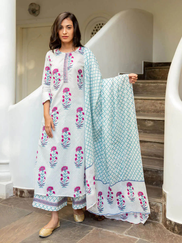 White Cotton Floral Printed Kurta Palazzo Set With Dupatta