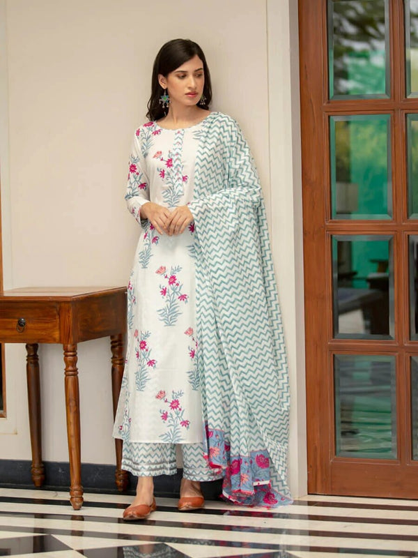 White Cotton Floral Printed Kurta Palazzo Set With Dupatta