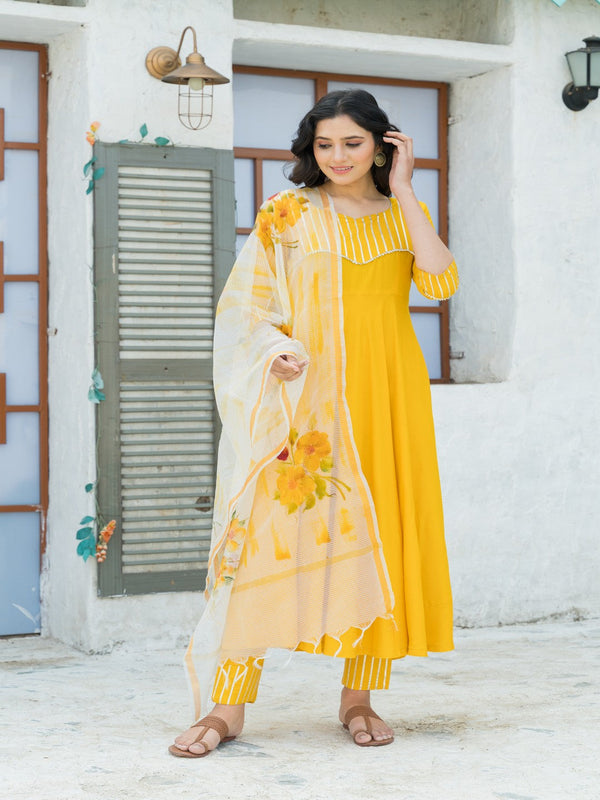 Women's Bright Yellow Yoke Design Gotta Patti Suit set with Hand Painted Organza Dupatta - Pheeta