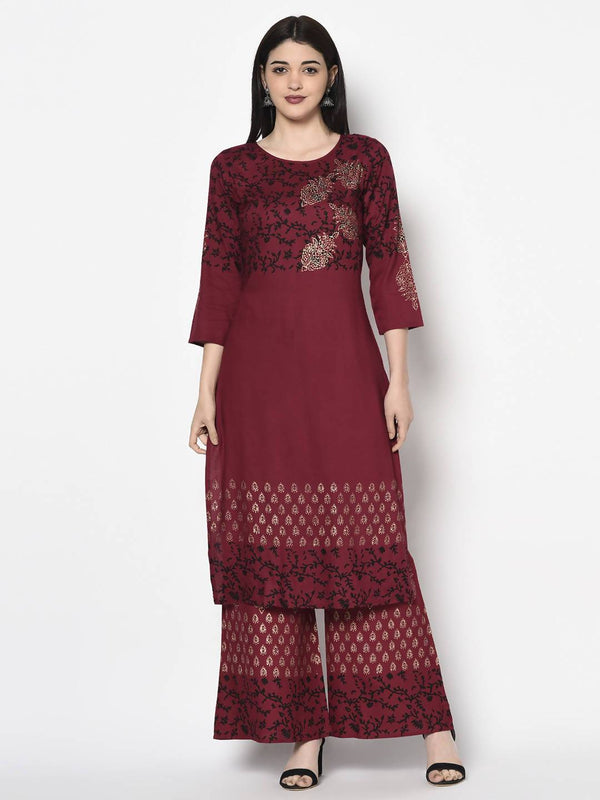 Women's Maroon Rayon Block print straight kurta Palazzo set - Aniyah