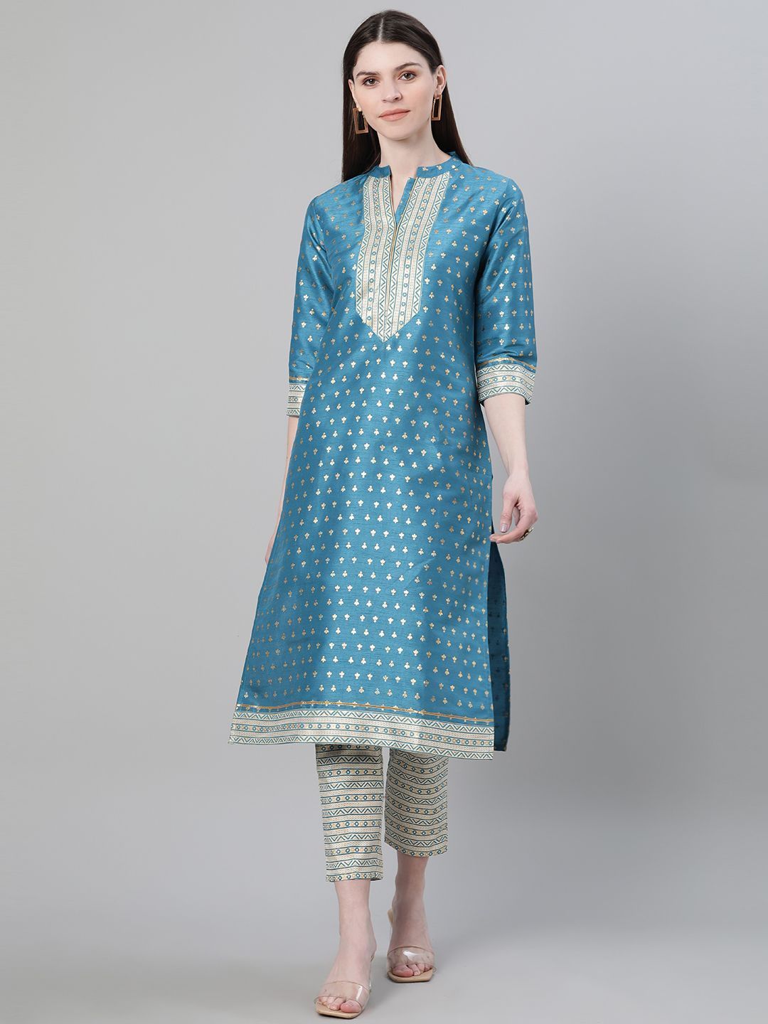 Women Blue Silk Kurta And Pant Set by Ziyaa (2 Pc Set)