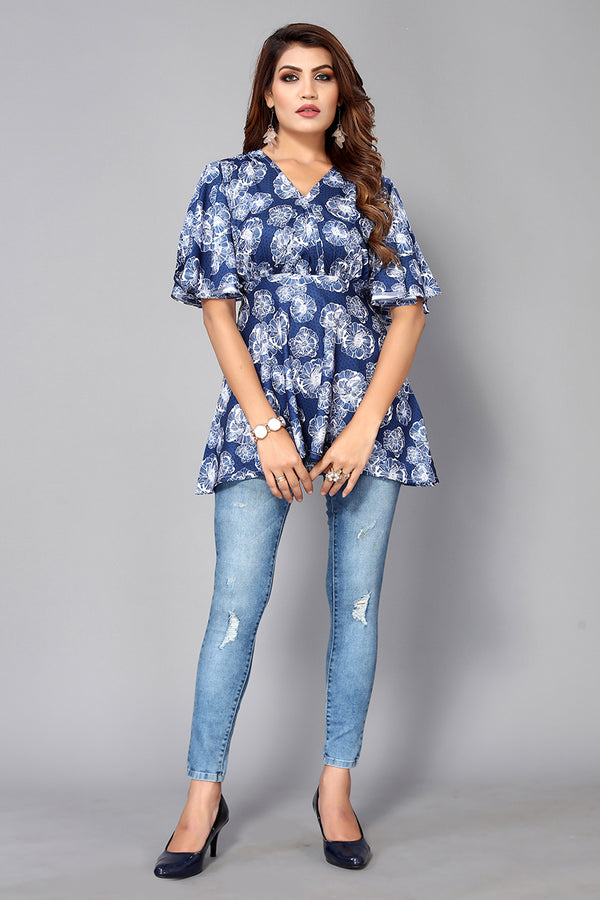 Womens Blue Crepe Digital Print Floral Top