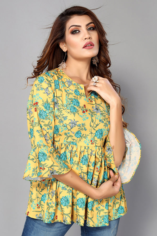 Womens Yellow Crepe Digital Print Floral Top