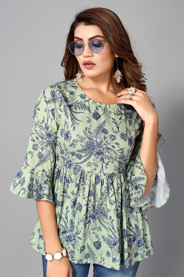 Womens Green Crepe Digital Print Floral Top