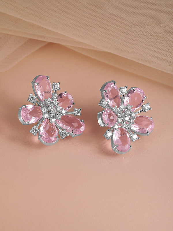 Rubans Premium Rhodium plated Pastel Pink Sapphire AAA Cubic Zirconia Statement Floral Stud Earrings