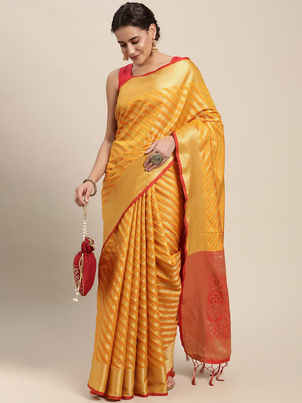 Women's Yellow Silk Woven Zari Work Traditional Tassle Saree - Sangam Prints