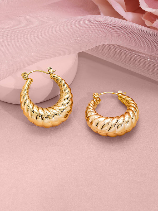 18KT Gold Plated Stainless Steel Tarnish-Free Waterproof Textured Hoop Earrings