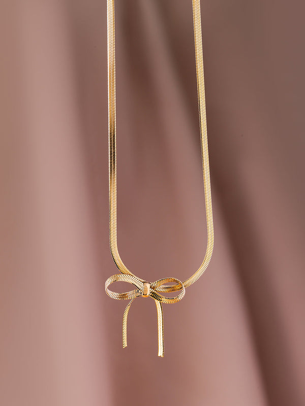 22K Gold Plated Stainless Steel Tarnish-Free Waterproof Necklace with Minimal Bow Accent