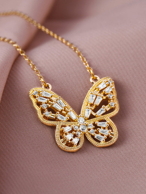 18K Gold Plated Stainless Steel Tarnish-Free Waterproof CZ Studded Butterfly Necklace