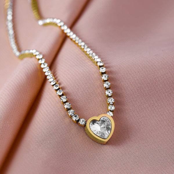 22K Gold Plated Sparkling AD & Cubic Zirconia Studded Heart Pendant Necklace