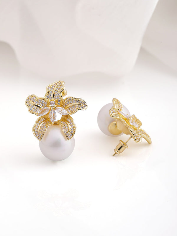 22K Gold Plated Sparkling AD & Cubic Zirconia Studded Floral Motif Pearl Drop Earrings