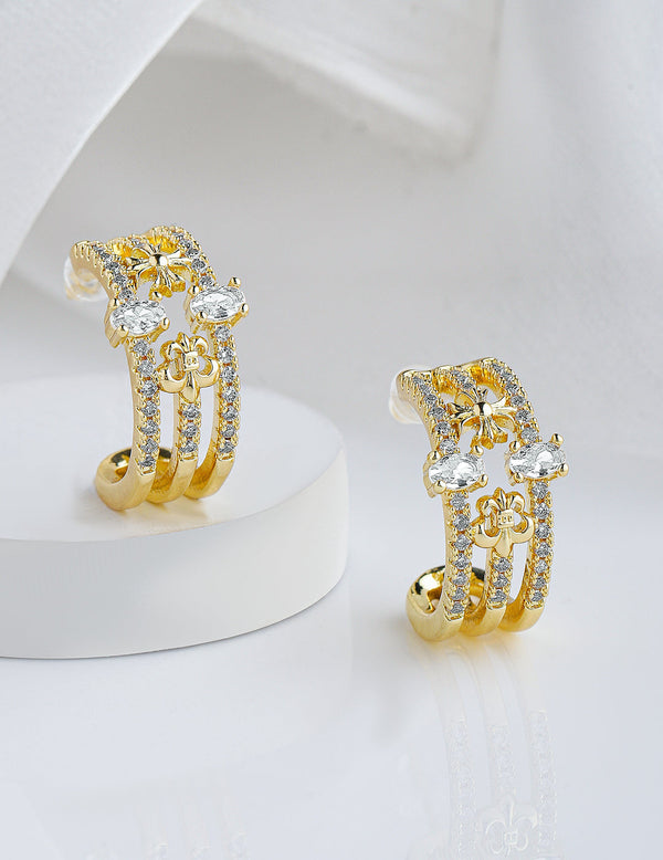 22K Gold Plated Cubic Zirconia Studded Floral Half Hoop Earrings