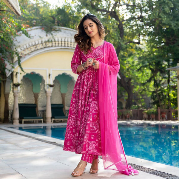 Pink Cotton Bandhani Kurta Pant Set With Dupatta