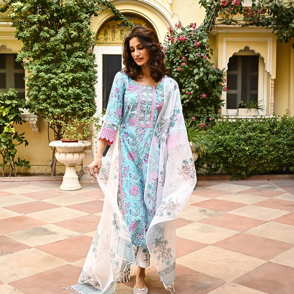 Sky Blue Cotton Floral Printed Kurta Pant Set With Dupatta