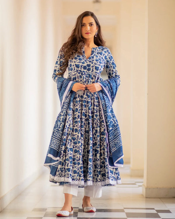 Blue Cotton Flared Floral Printed Salwar Suit Set